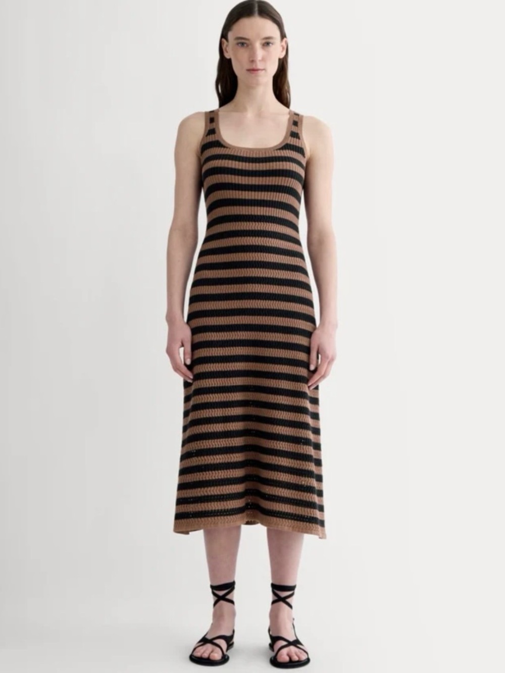 Everlane 100% Organic Cotton Crochet Knit Tank Dress Mocha Black Stripes Small